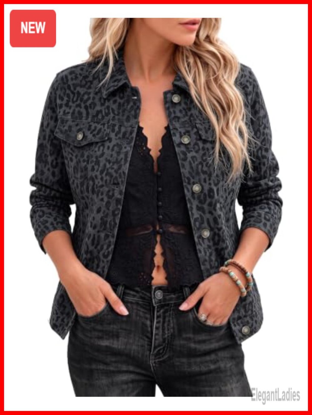Women's Leopard Print Jean Jacket - Stretch Button Down Casual